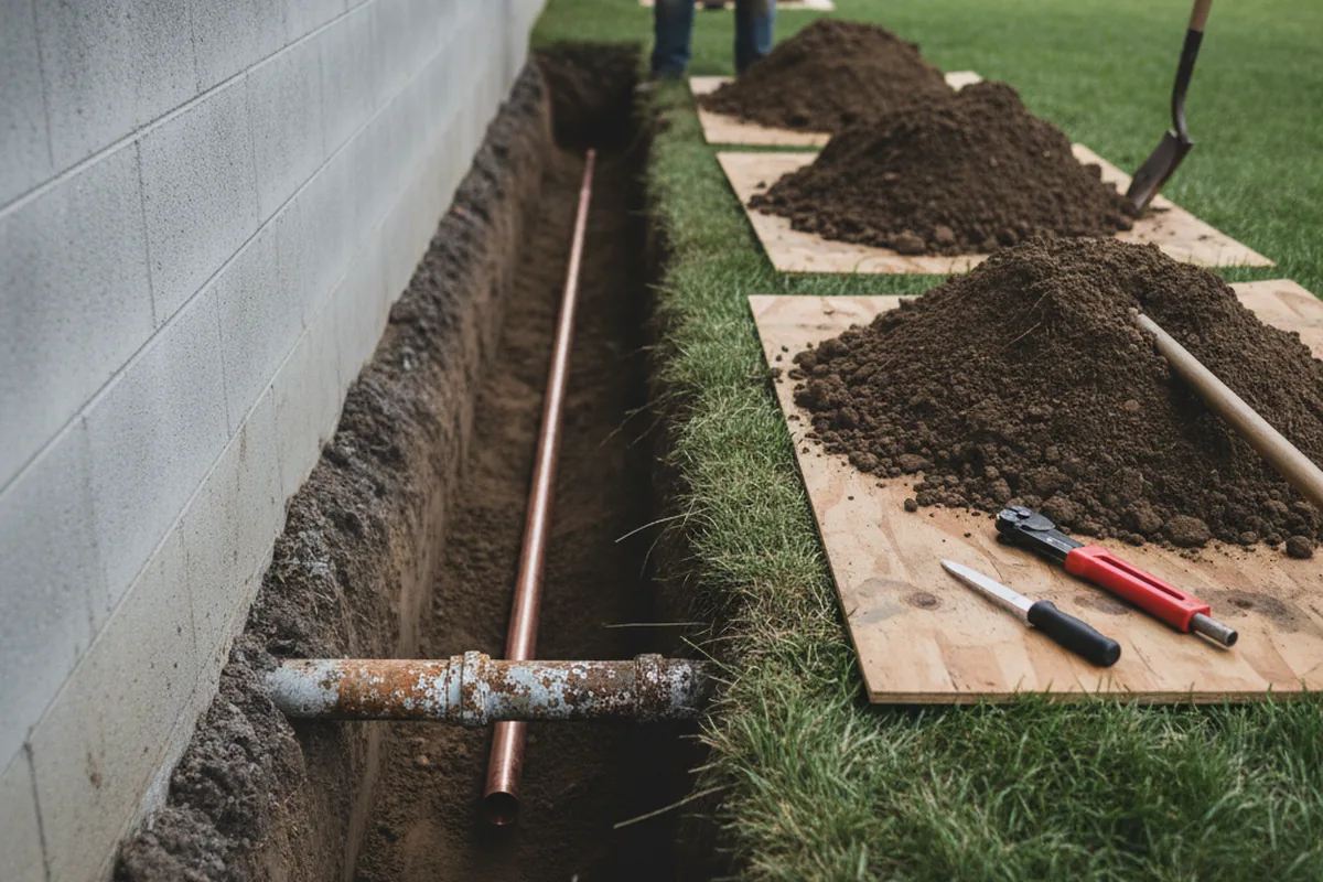 Excavated water line trench during Water Heater Repair in Shelter Island